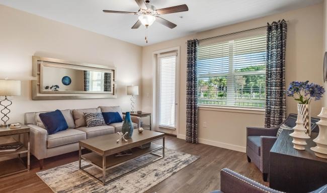 a living room with a large window