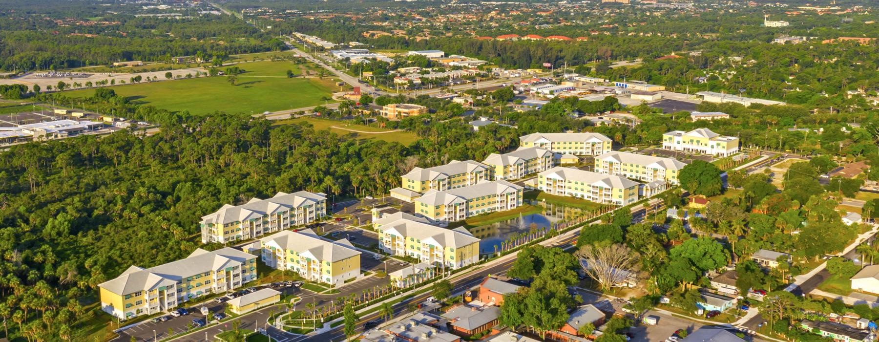 an aerial view of a large group of buildings